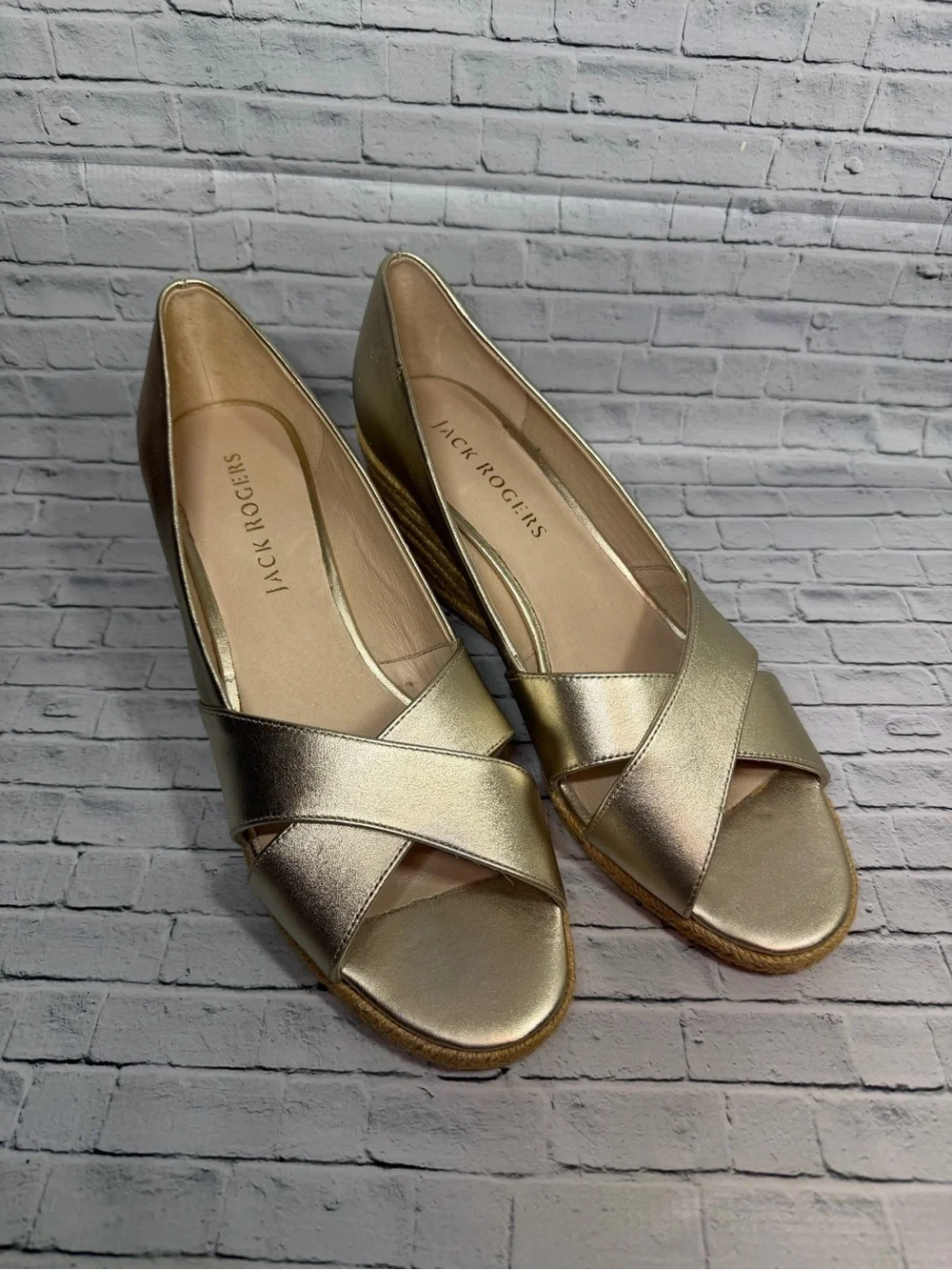 Jack Rogers Metallic Gold Crossband Wedge Sandals